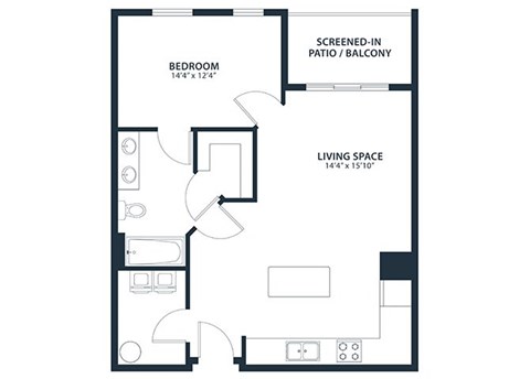Floor plan for 1 bed, 1 bath, 754 sqft